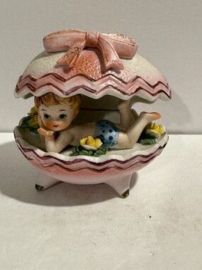 VTG Bisque Porcelain Baby in Pink Egg Spring/Nursery/Baby Shower Decor